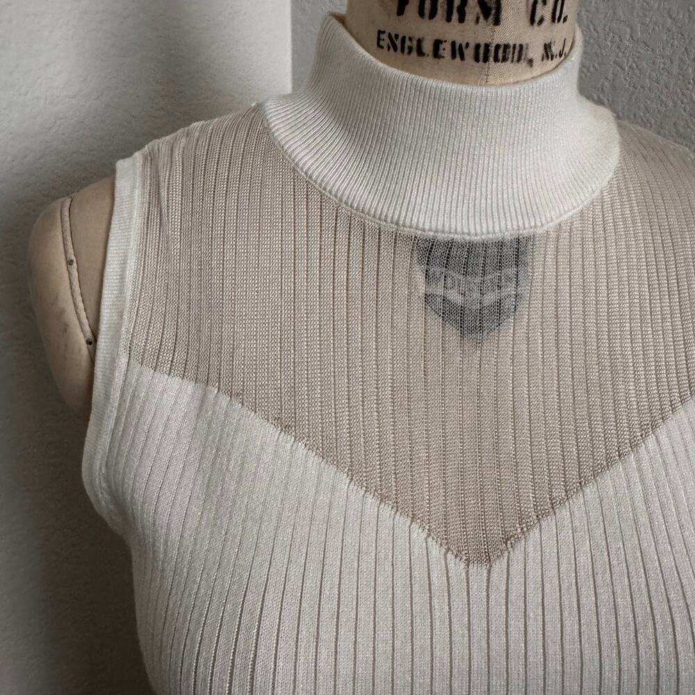 NWT Tahari Ivory Ribbed Knit Sheer Mesh Yoke Sleeveless Top Size Large - Picture 7 of 9